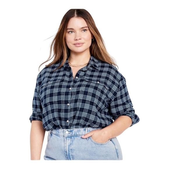 Old Navy Women's Loose Flannel Boyfriend Shirt Blue Plaid Plus Size XXL NWOT - Picture 1 of 8